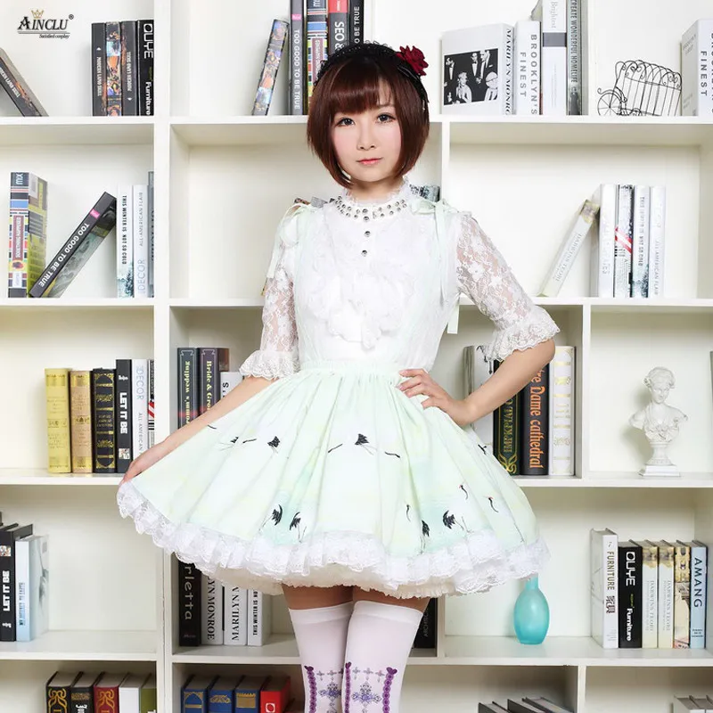 Chinese Style Crane Lady Yunhe Retro Ainclu Women's Sweet Lady Light Green Polyester lace Sling Pleated Striped Lolita Skirts