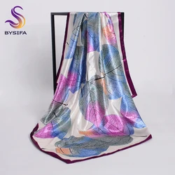 [BYSIFA] New Spring Silk Scarf Shawl Fashion Accessorries Muslim Women Head Scarf 90*90cm Elegant Leaves Pattern Square Scarves