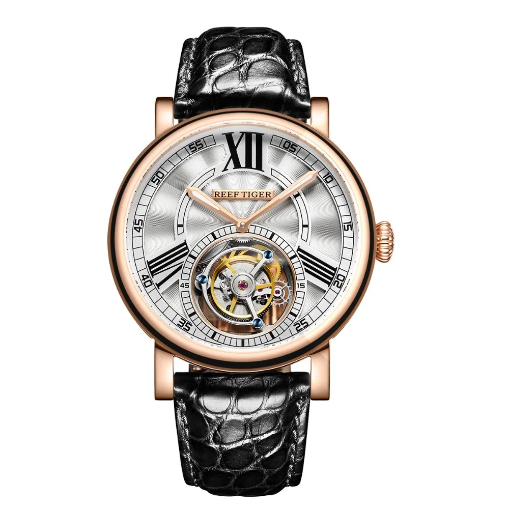 Reef Tiger Classic Serier RGA1999 Men Hollow-out Dial Dress Real Tourbillon Automatic Self-wind Mechanical Wrist Watch -Rosegold