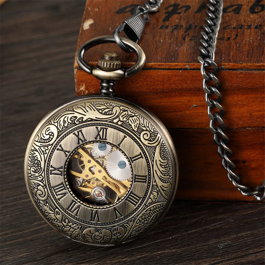 New Retro Unique Men Pocket Watch Double Scale Transparent Mechanical Pocket Watch Fob chain