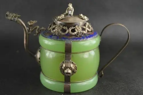 

Exquisite Chinese handwork Imitation old green jade inlay with Tibetan silver dragon teapot