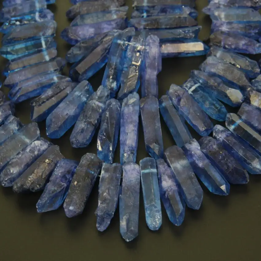 Rough Lapis Blue Color Quartz Crystal Top Drilled Tusk Spike Beads Necklace Strand,Natural Stones Stick Points Jewery