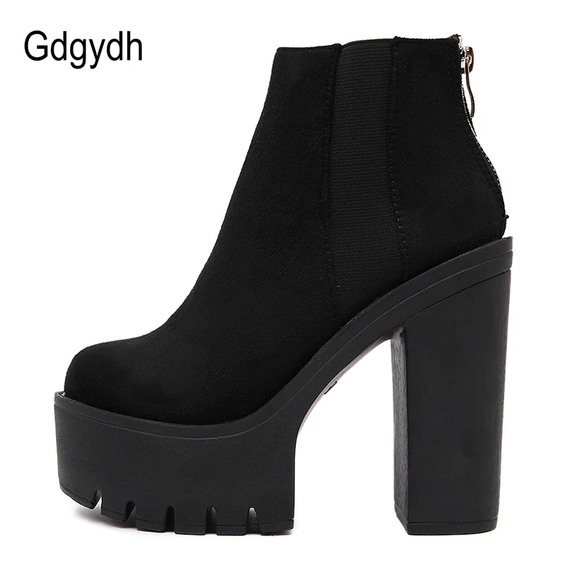 Gdgydh – Bottines noires pour femme à talons épais, chaussures à plateforme et à talons hauts avec fermeture éclair, tendance printemps-automne