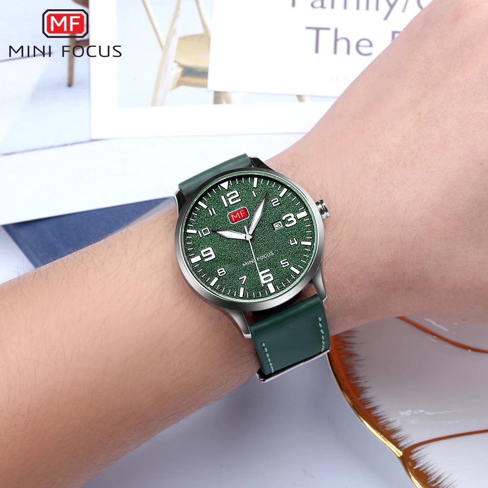 MINI FOCUS Army Sport Ultra Thin Quartz Watches Men Leather Strap Military Waterproof Wristwatch Man Clock Relogios 0158G Green