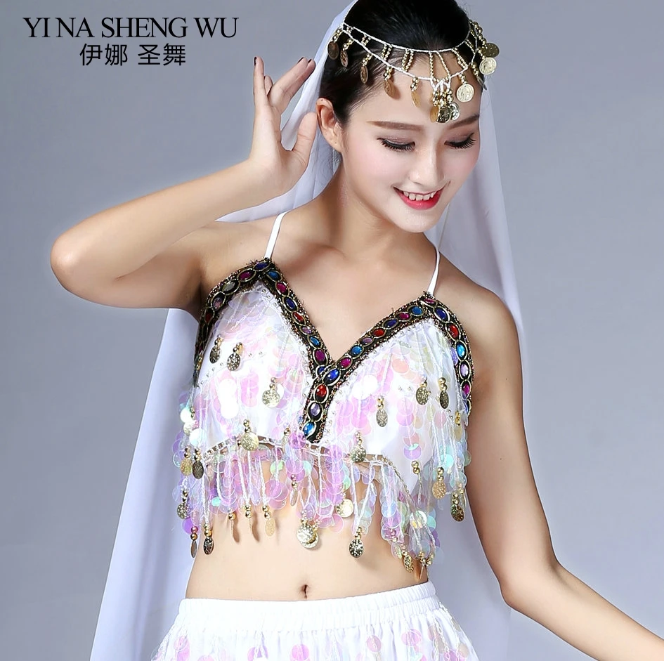 Top de danza del vientre para mujer, sujetador Sexy con flecos y cuentas, lentejuelas parpadeantes, moneda colgante, Bollywood, Tops de Baile Oriental, 1 unidad