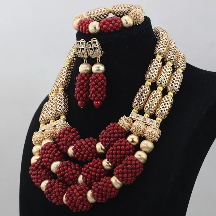 Hot Wine Red Coral Pendant Wedding Necklace Set Real Coral Beads Women Bridal Indian Statement Jewelry Set Asoebi AfricanABL730