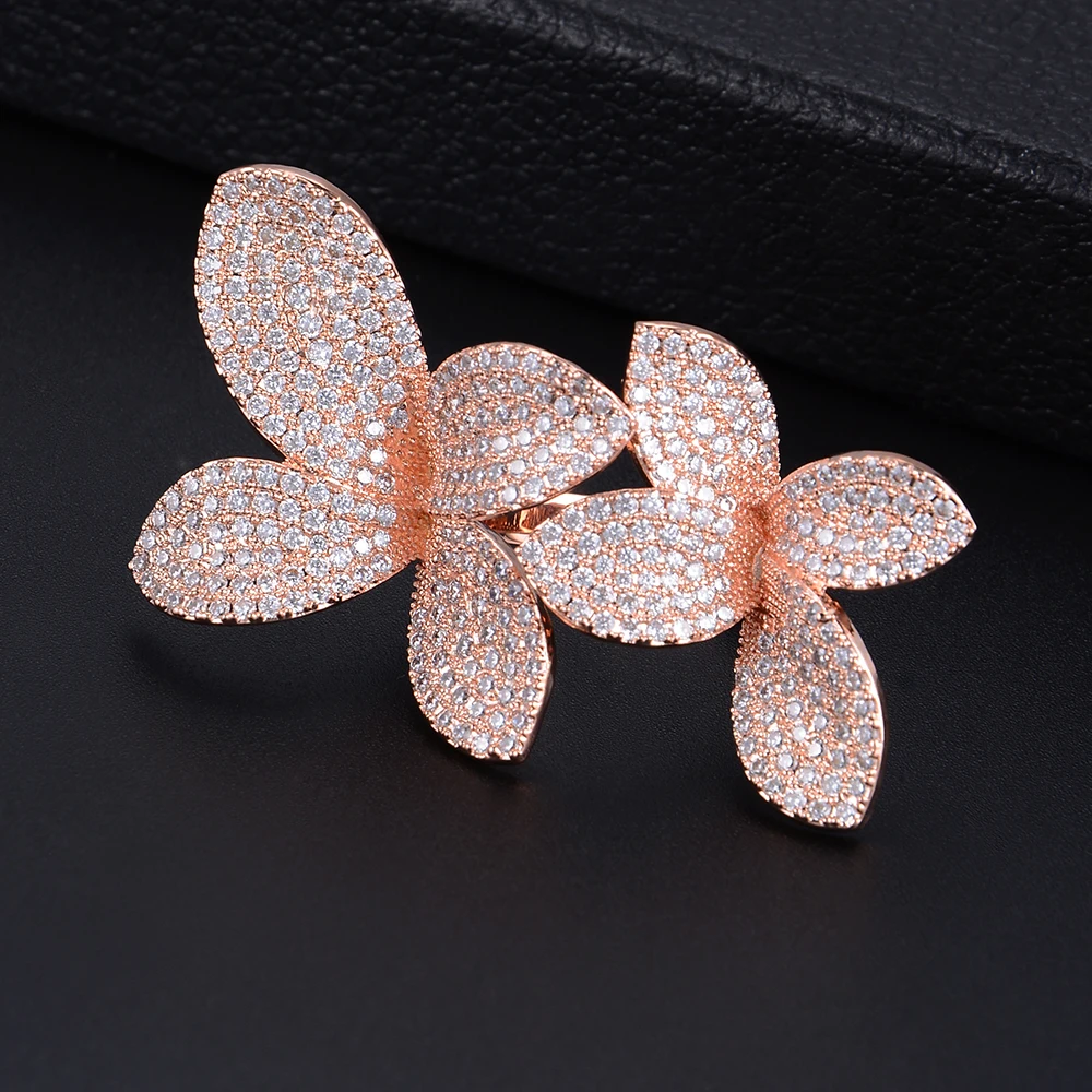 Missvikki Noble Luxury Fingers Ring Adjustable Fashion Blooming Flowers Full Shiny Cubic Zirconia Top Quality Stage Jewelry