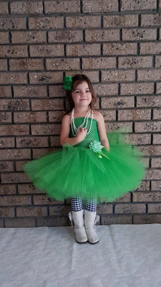 Lovely Girls Green Crochet Flower Tutu Dress Kids Fluffy 2Layer Tulle Ballet Tutus with Ribbon Bow Headband Children Party Dress