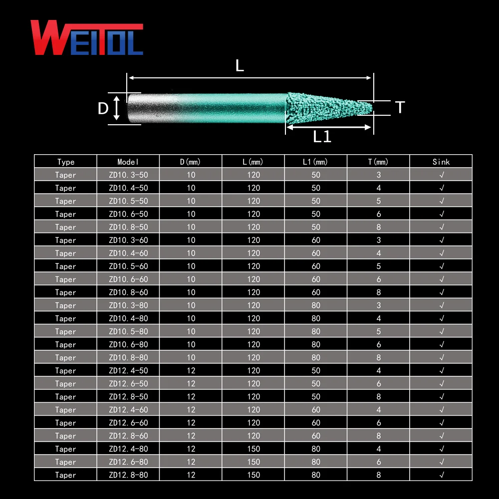 Weitol 6/8/12mm Brazing Stone Engraving Bits Marble Granite Carving Tools CNC Router Bits Taper End Mill