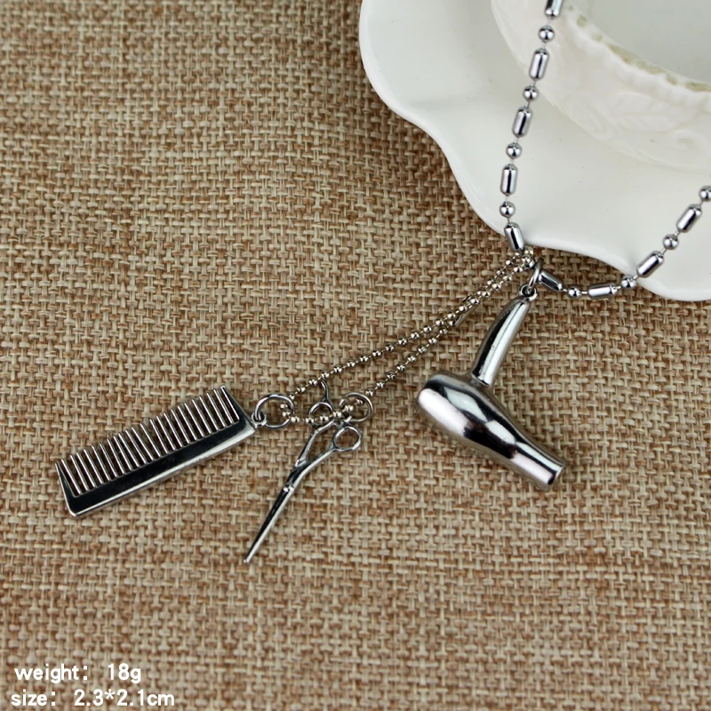 New Design Comb Hair Drier Necklace with Barber Scissors Pendant Charm Bead Chain Necklace Silver Color Color