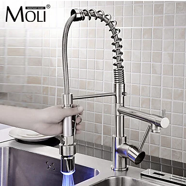 Solid Brass Nickel Brushed Kitchen Faucet Deck Mounted Pull Down Torneiras With Two Spray Led Light Water Tap ML9023