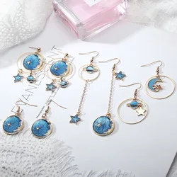 New Pop Unique Charm Blue Space Planet Moon Star Earrings For Women geometric Asymmetry Long Universe Drop Earrings