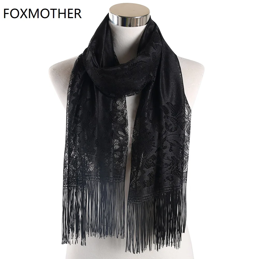 FOXMOTHER Black Yellow Pink Color Floral Lace Scarf Tassel Fringe Shawl Wrap Flower Headscarf Muslim Hijabs scarfs Women Ladies