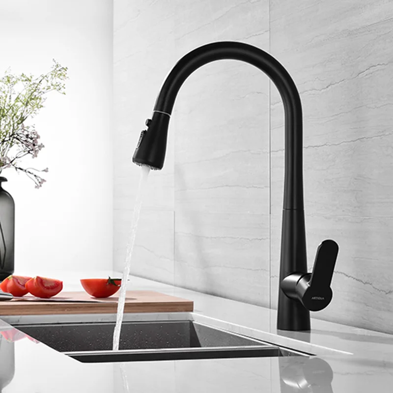 Kitchen Sink Faucets Black/Chrome Finish Brass Kitchen Faucet Pull Out Spring Spout Mixer Tap Single Handle Hot Cold Swivel Taps