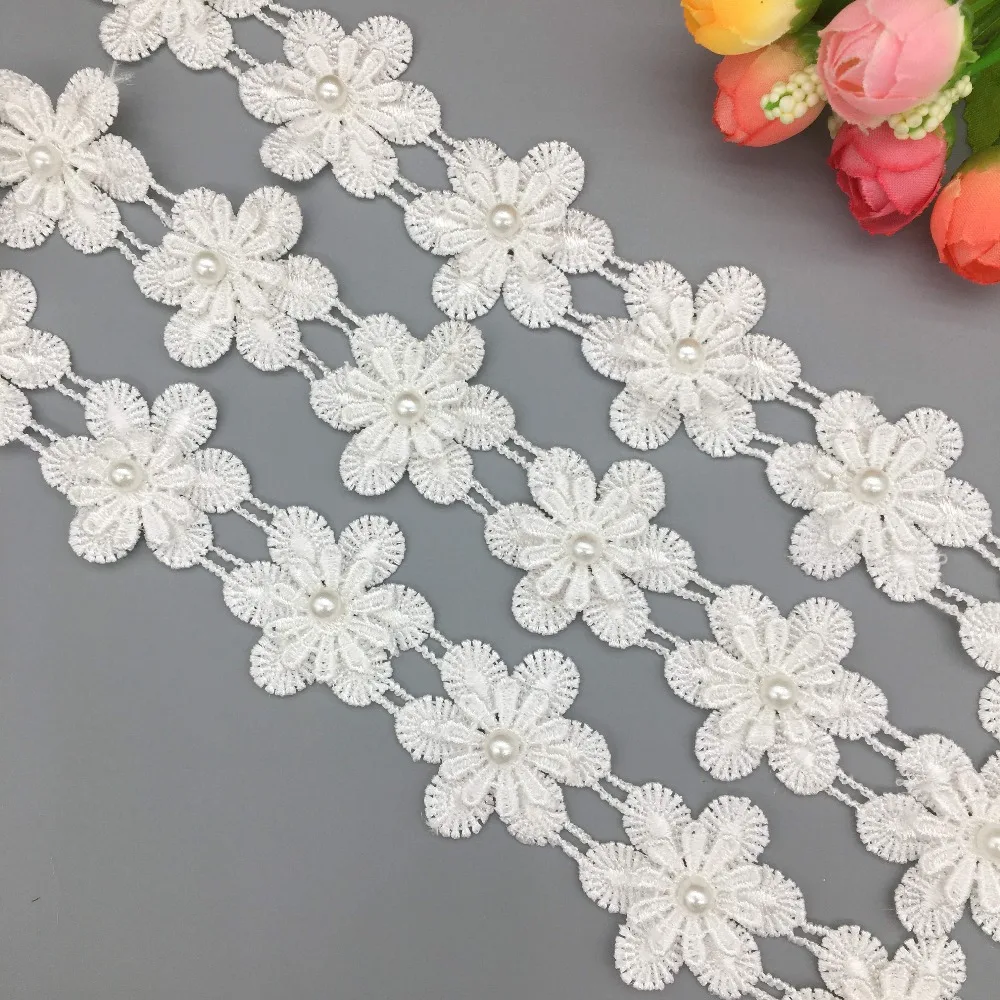 20x Vintage Bianco 3D Fiocco di Neve Della Perla Del Merletto Trim Nastro di Tessuto Applique Da Cucire Patch FAI DA TE Della Fascia Abito Da Sposa