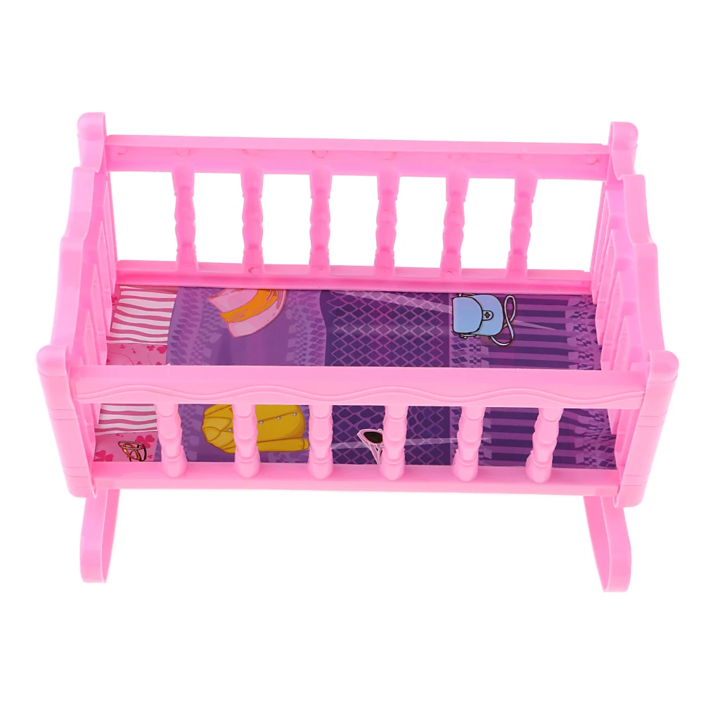 Cradle Crib Bed Plastic Baby Bedroom Furniture Accs for 20cm Dolls Kids Toy Pink