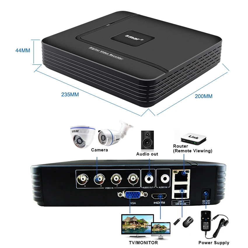 Sistema de videovigilancia híbrido, Kit de cámara domo AHD de día y noche, salida VGA HDMI de plástico, DVR, 4 canales, 720P, 1080P