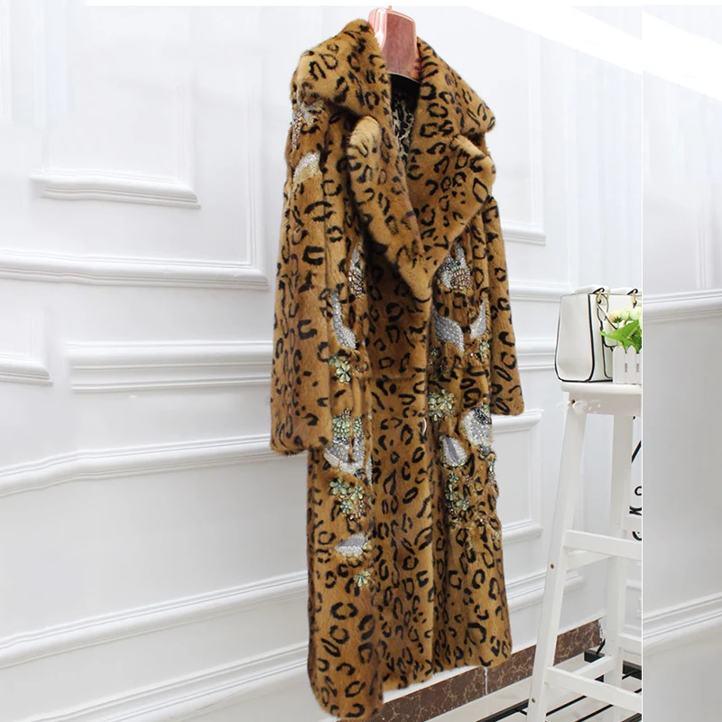 Ftangaiur Winter Import Velvet Mink Fur Coat Turn-Down Collar Leopard Beading Women X-Long Slim Real Mink Fur Coats