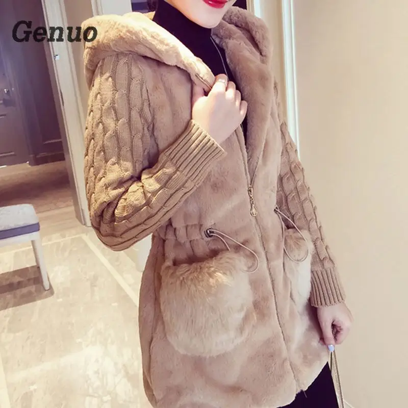 

Stitching Plush Thick Hooded Jacket Autumn Winter Fashion Knitted Rabbit Fur Jackets Patch Faux Fur Thickening Female Outerwear