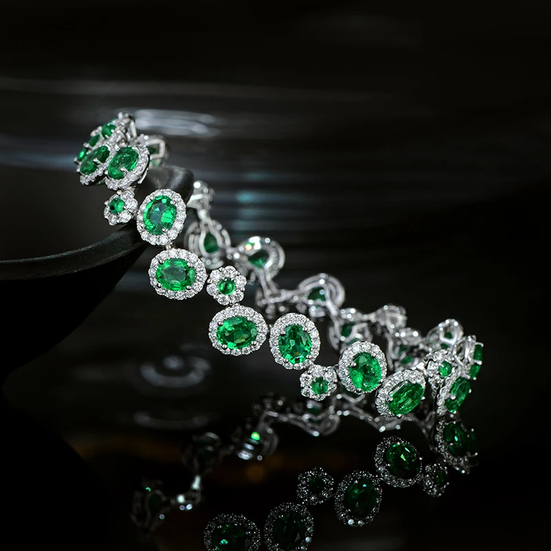 CAIMAO 6.35ctw Natural Emeralds Bracelet H SI Full Cut Diamond 18kt Gold Gemstone for Anniversary Fine Jewellery