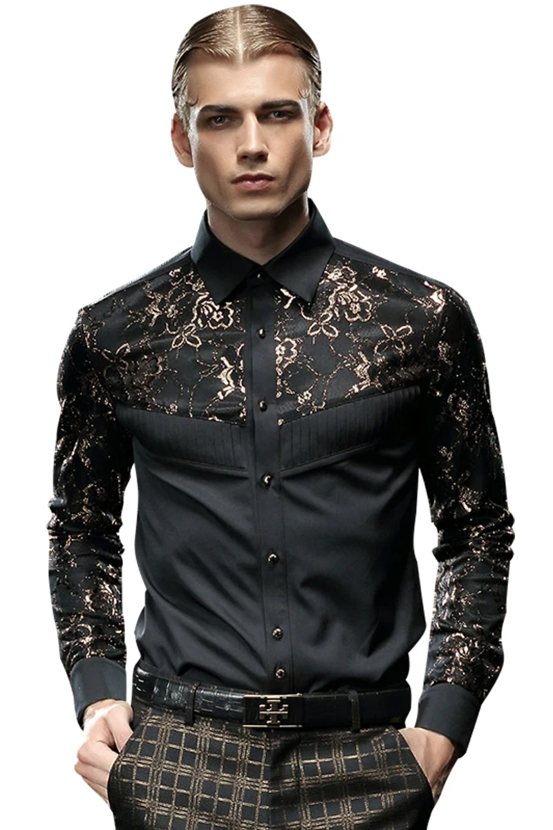 Fanzhuan Free Shipping Palace Unique New fashion casual male men\'s black slim long sleeved stitching shirt 512061 plant pattern