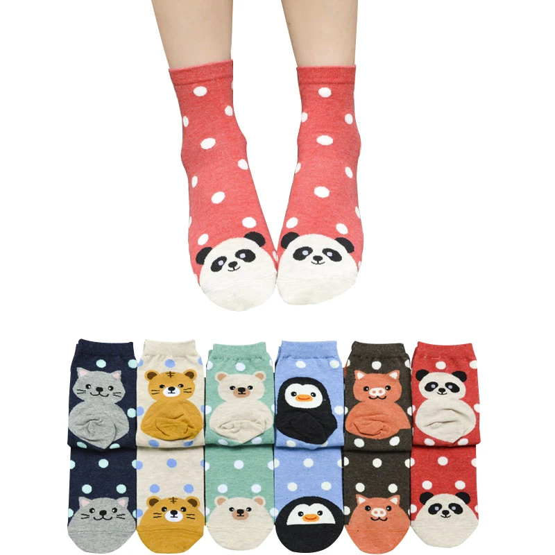 Calcetines de colores para mujer, calcetín con estampado de oso, cerdo y gato, para otoño e invierno, 6 pares