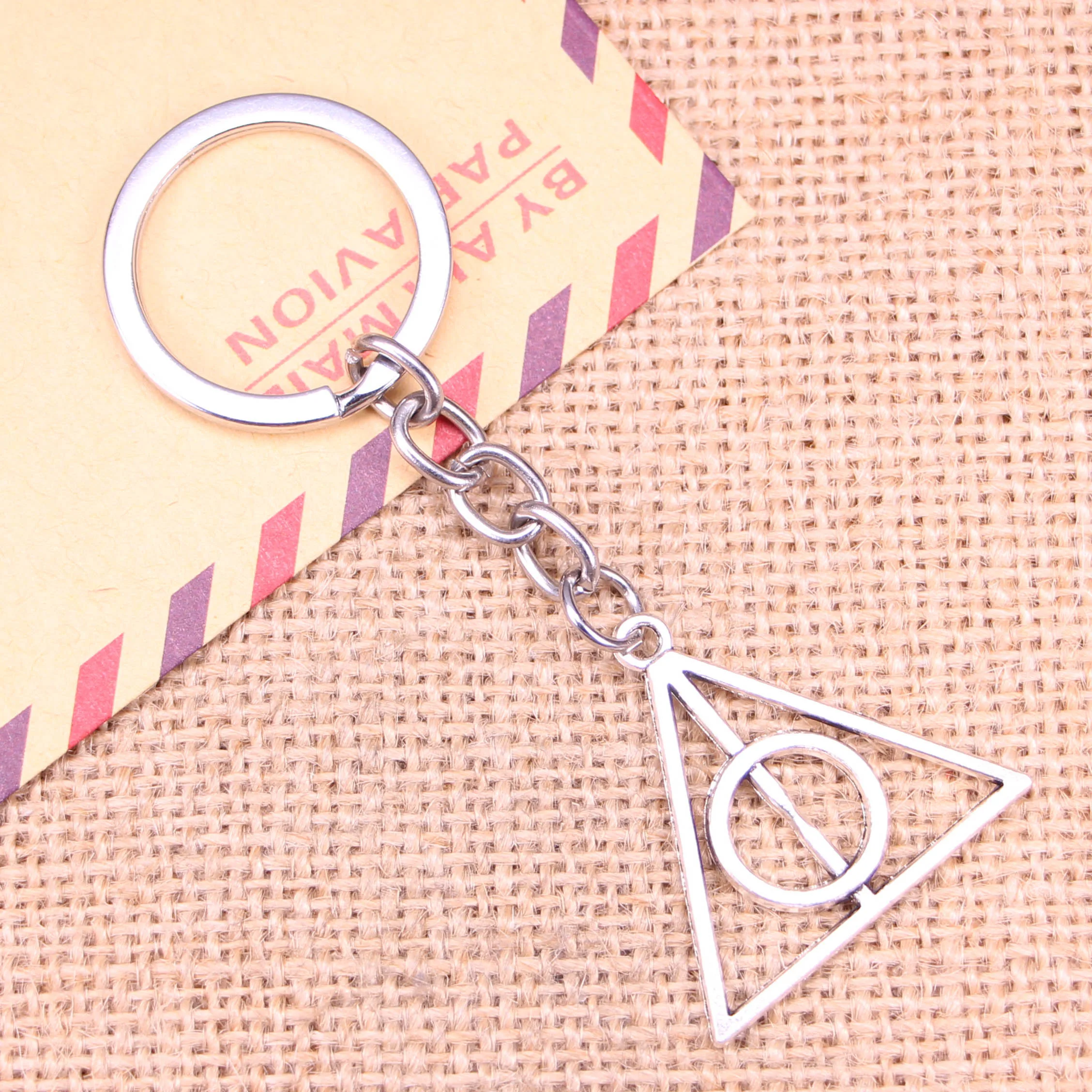 20pcs New Fashion Keychain 32mm deathly hallows Pendants DIY Men Jewelry Car Key Chain Ring Holder Souvenir For Gift