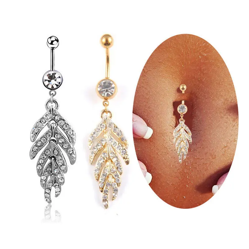 Full Rhinestone Leaf Belly botton ring Navel Piercing 14G Dangly Belly Button Ring Surgical Stainless Steel Fashion Accessories