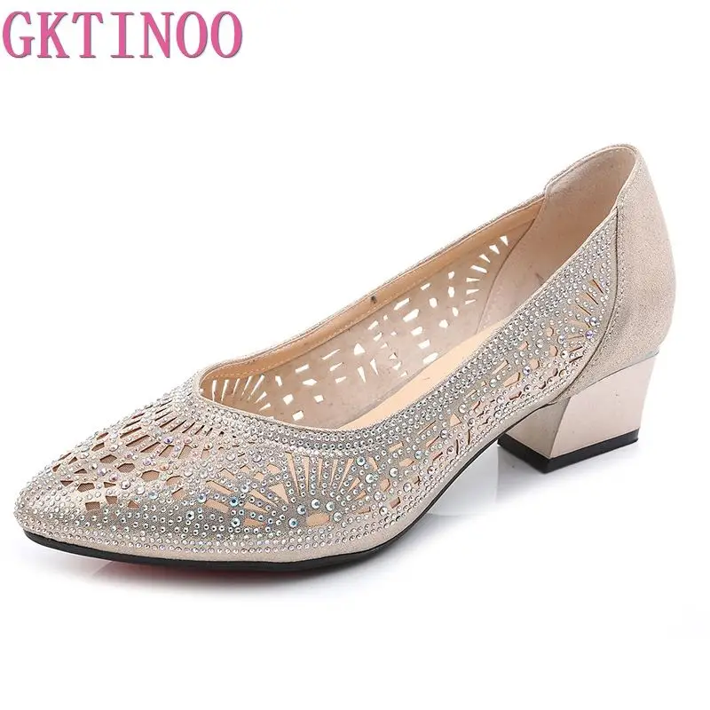 

GKTINOO 2025 New Summer Fashion Pumps Cut-outs Women Crystal Casual Ladies Shoes High Heels Tenis Feminino Genuine Leather