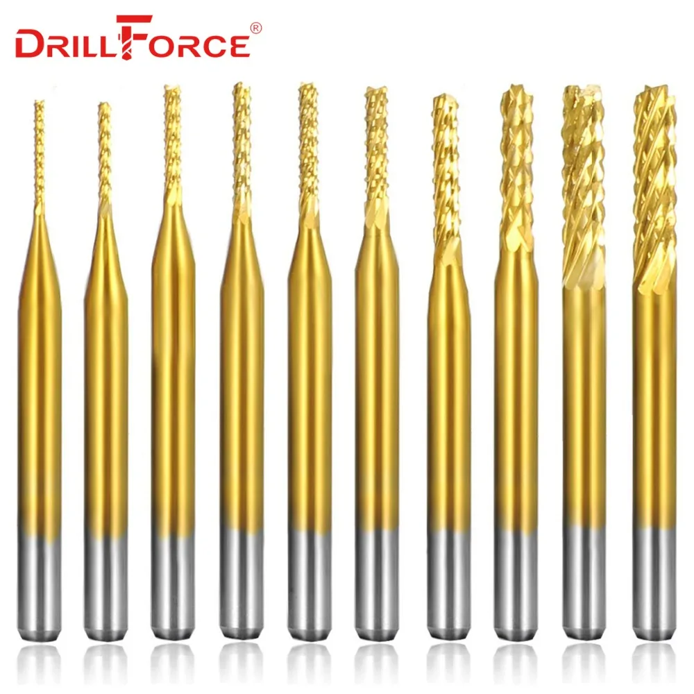 10PCS PCB Milling Cutter 0.5mm-3.175mm Titanium Milling Corn Milling Bits Cutter Tungsten Carbide Mini End Mill Engraving CNC