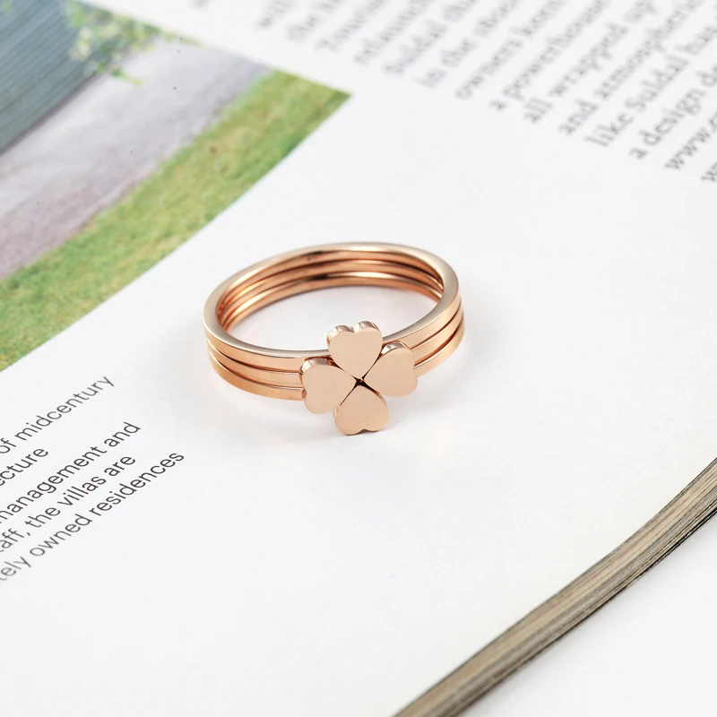 Classic Design Three Heart Ring Combination Stainless Steel Rings For Women Rose Gold Color Clover Jewelry Female Accessories