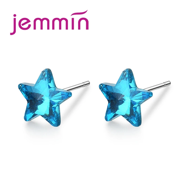 New Attractive 925 Sterling Silver  Jewelry Full Blue Rhinestones Statement Star Stud Earrings Ladies Festival Surprise