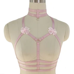 Originele Ontwerp Roze Kraag Boog Harnas Beha Kawaii Open Borst Bondage Body Cage Pastel Gothic Body Harnasgordel