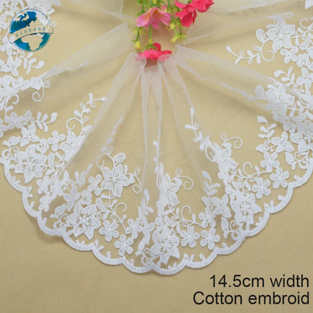 14.5cm White Cotton Embroidery Sewing Ribbon Lace Fabric Womens dresses Trim Knitwear diy Wedding Dress Garment Accessories#3006