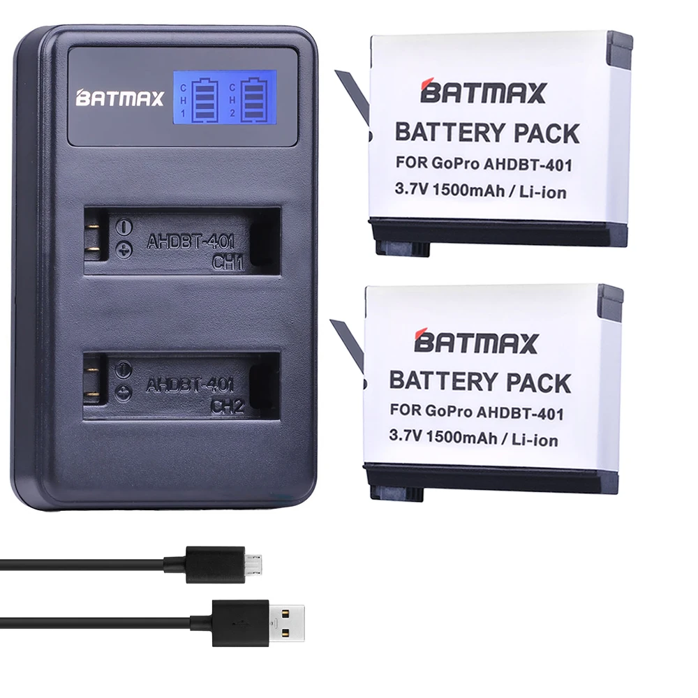 

Batmax 2pcs AHDBT-401 AHDBT 401 Gopro Hero 4 Battery + LCD Display Dual USB Charger for Gopro Hero4 HD Camera P0019279