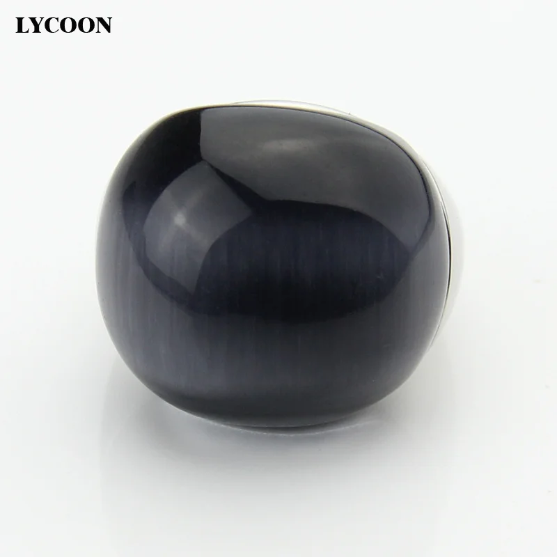 LYCOON Fashion 100% satisfied big natural Cat\'s eyes stone round ball Rings 316L Stainless steel Grey opal stone ring for women