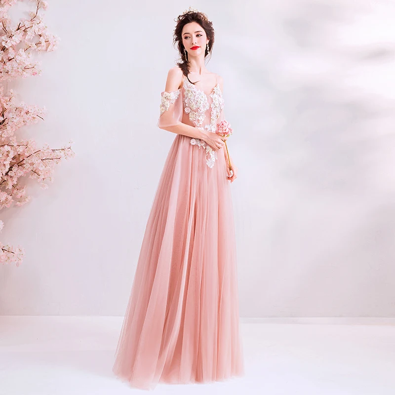 Robe De bal longue et féerique, rose clair, avec des Appliques De perles, manches courtes, Transparent, nouvelle collection 2019