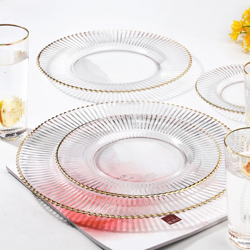 Juego de platos de cristal con borde dorado, copa de champán, juego de vajilla de clase alta, bandeja de comida occidental, vaso de cristal transparente para plato de fruta