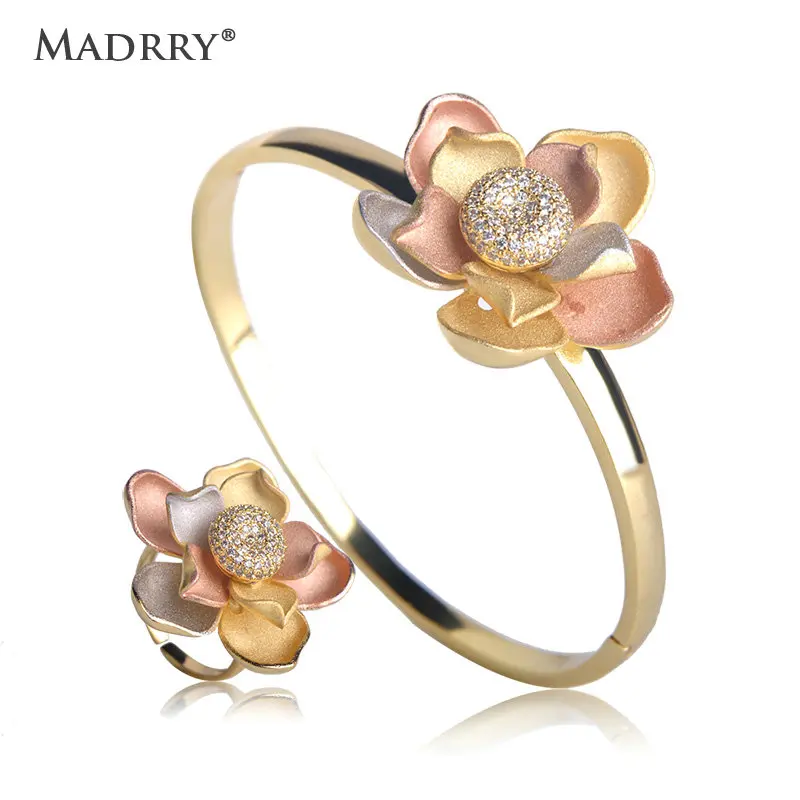 

Madrry Cute Flower Shape Jewelry Sets Bracelet Bangles Rings Set for Women 3 tones High Quality Brass Cubic Zirconia Accessories