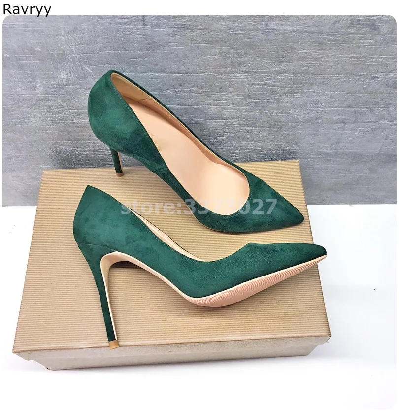 

Green Suede leather Woman high heel Pointed Toe Sexy Pumps Thin heel female party dress shoes stiletto heels OL outfit slip-on