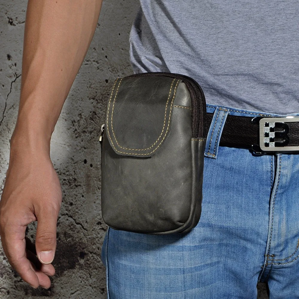 Real Leather men Casual Design Small Waist Bag Pouch Cowhide Fashion Hook Waist Belt Pack Cigarette Case Phone Pouch 013