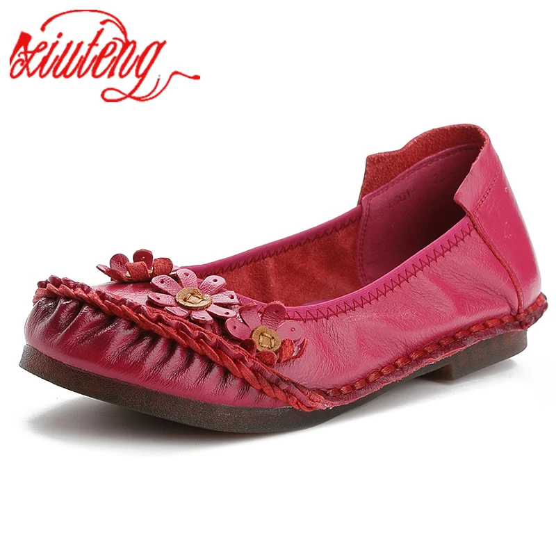 Xiuteng 2022 Summer Autumn Fashion Flower Design Round Toe Casual Women\'s Shoes National Wind Genuine Leather Women Flats Girl