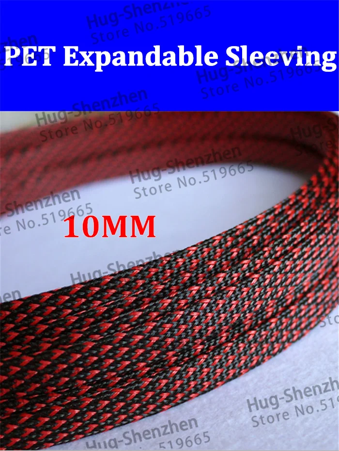 

10mm 100M High density Flexible PET Expandable Braided sleeve wire harness sleeving - Black & Red color