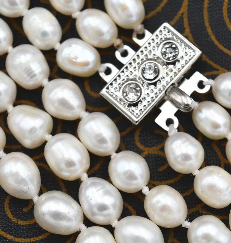 NEW 3row 7-8mm akoya Genuine natural white rice FW pearls necklace 17-19