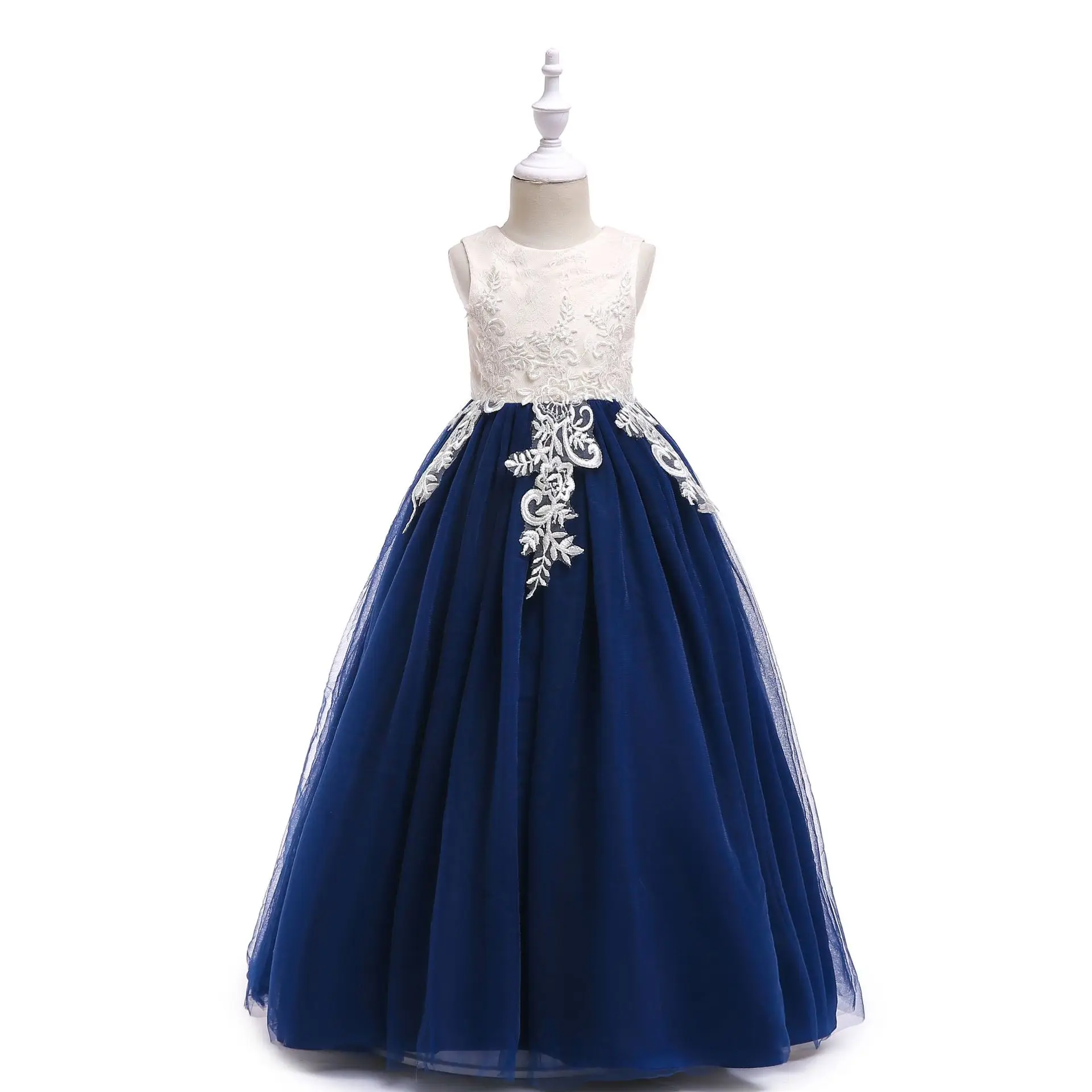 Long Flower Girls Wedding Dress Elegant Beach Navy Blue Vestido De Festa Longo 4 6 8 10 12 14 Years Old Girls Clothes 184062