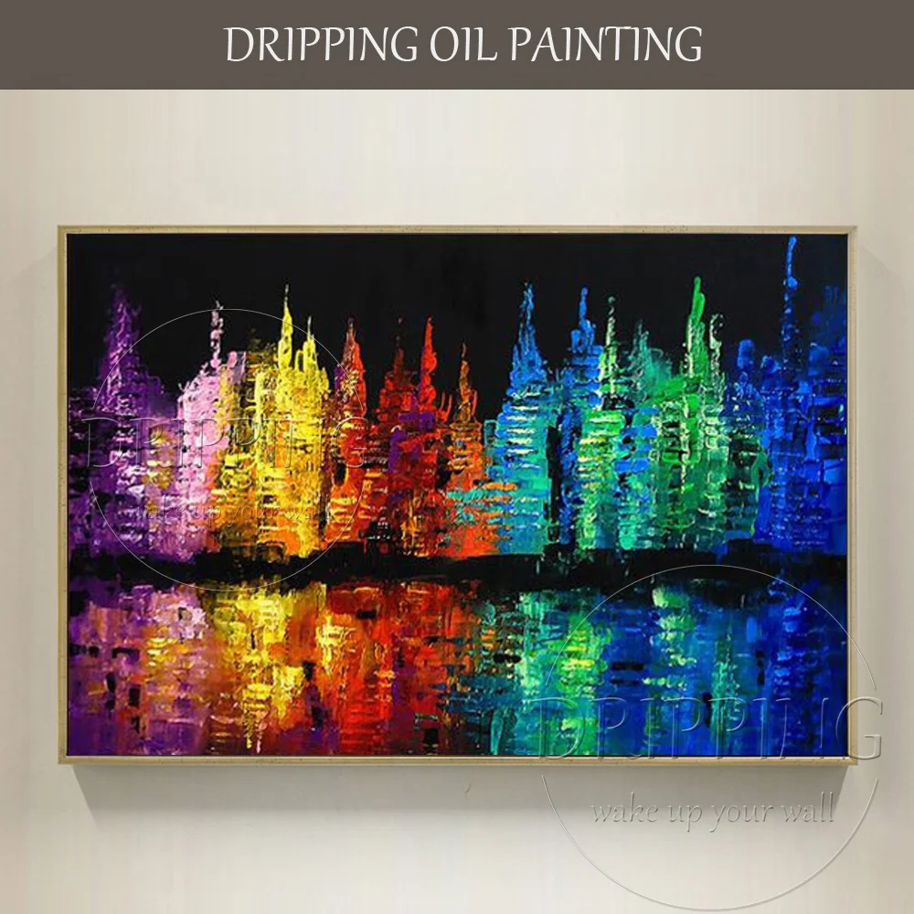 Skilled Painter Hand-painted Abstract New York City Skyline Oil Painting on Canvas Beautiful Abstract Night of City Oil Painting