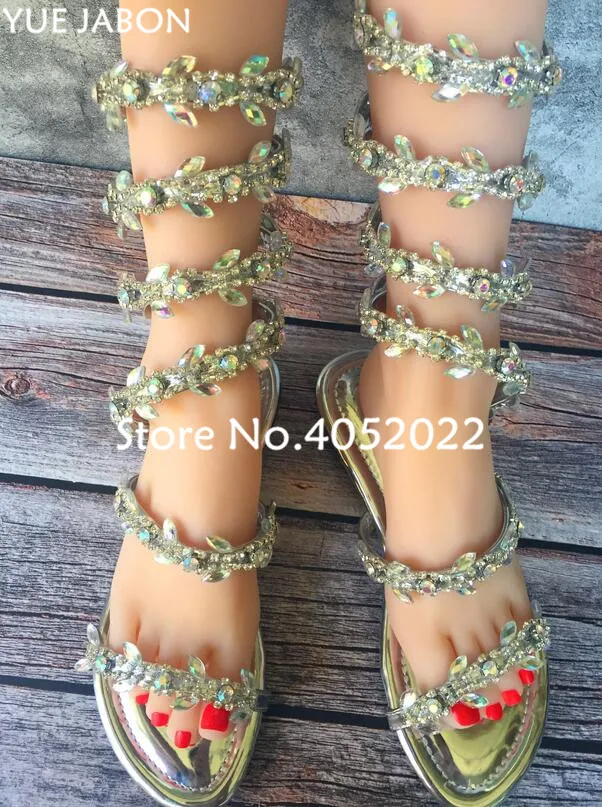 Summer Luxurious gladiator sandals Bling Silver women Flat Sandals Snake Punk Rhinestone Flat Heel Women Sandals Wedding Shoes