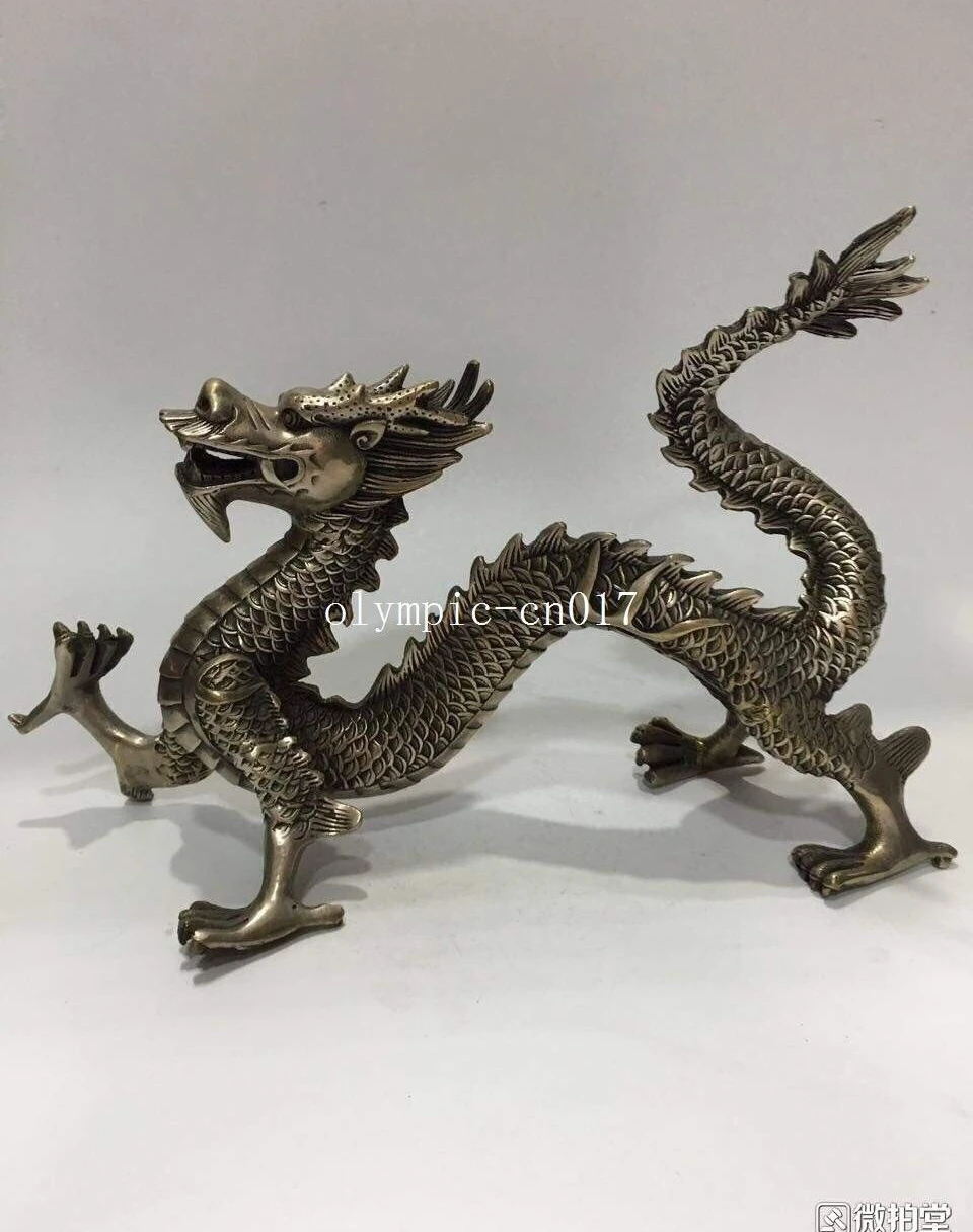 9'' tibetan copper silver-plated carved home fengshui decor beast animal dragon