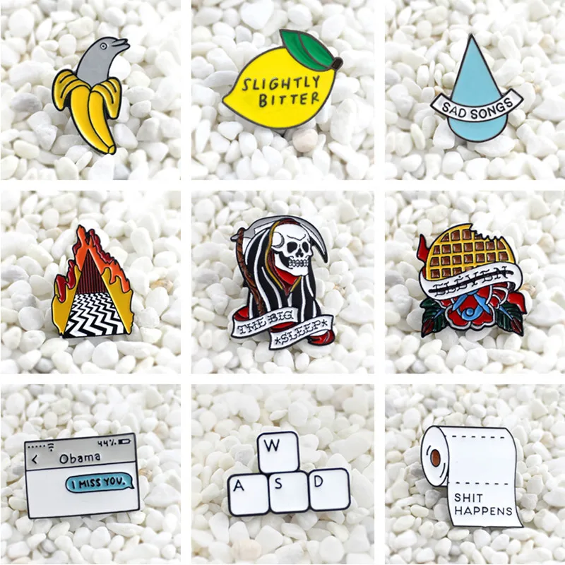 Cartoon lemon Banana dolphin Waffles Deadpool Keyboard button WASD SMS Roll paper Double peak flame Sad song Enamel brooch Suit