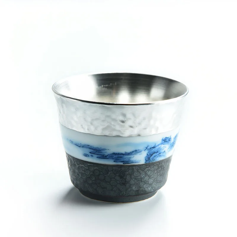 999 Pure Silver Silver Tea Cup Single Blue And White Porcelain Kungfu Teaware Articles Tea Cup Master Cup Health Cup Handmade